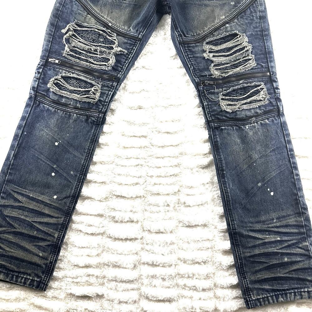 Smoke Rise Jeans Mens 36 (32” inseam) Dark Wash Ripped Distressed Moto - Picture 6 of 16
